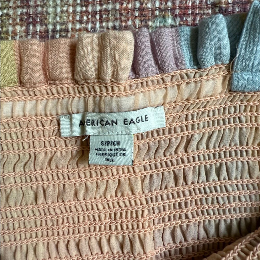 Small American Eagle Smocked BodyCon Dress with Ruffle Hem Multicolor Pastel - Picture 8 of 10